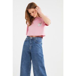 Trendyol Pink Crop Printed and Washed Knitted T-Shirt