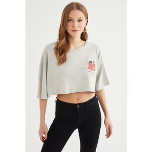Trendyol Gray Crop Printed and Washed Knitted T-Shirt