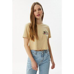 Trendyol Beige Crop Embroidery Knitted T-Shirt