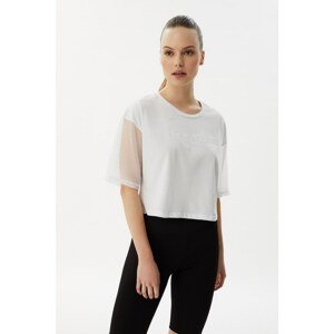 Trendyol White Embroidered Loose Crop Knitted T-Shirt With Fishnet Detail