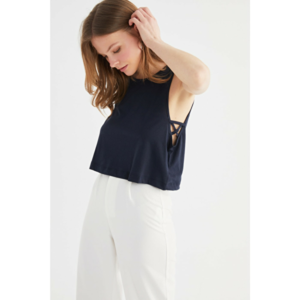Trendyol Navy Blue Side Cross Detailed Crop Knitted T-Shirt