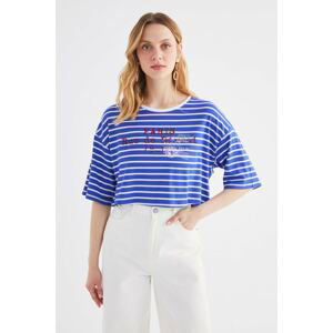 Trendyol Blue Printed and Striped Loose Crop Knitted T-Shirt