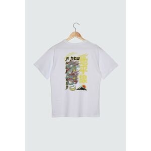 Trendyol White Front and Back Printed Boyfriend Knitted T-Shirt