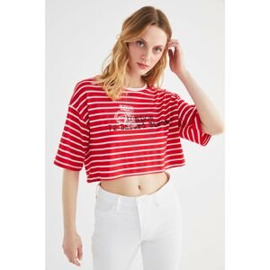 Trendyol Red Printed and Striped Loose Crop Knitted T-Shirt