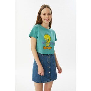 Trendyol Mint Tweety Licensed Printed Crop Knitted T-Shirt