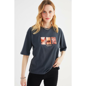 Trendyol Anthracite Printed loose Knitted T-Shirt