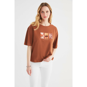 Trendyol Brown Printed Loose Knitted T-Shirt