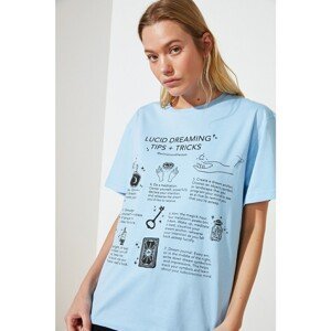 Trendyol Light Blue Printed Boyfriend Knitted T-Shirt