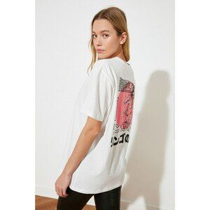 Trendyol White Back Printed Boyfriend Knitted T-Shirt