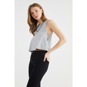 Trendyol Gray Side Cross Detailed Crop Knitted T-Shirt