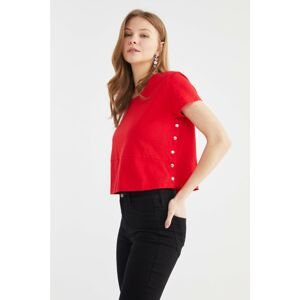 Trendyol Red Snap Crop Knitted T-Shirt