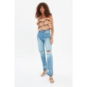 Trendyol Blue Ripped Detailed Slit High Waist Bootcut Jeans