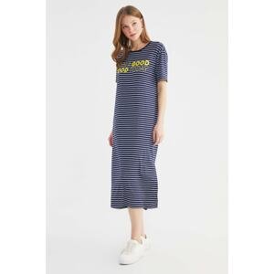 Trendyol Navy Blue Printed and Striped Midi Knitted Dress