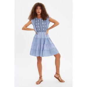 Trendyol Blue Embroidered Striped Ruffle Dress