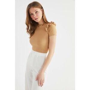 Trendyol Stone Frilly and Ribbed Crop Knitted Blouse