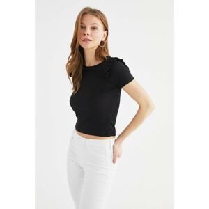 Trendyol Black Frilly and Ribbed Crop Knitted Blouse