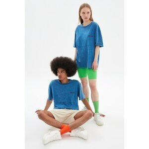 Trendyol Indigo Unisex Oversize Fit Acid Wash Embroidered 100% Cotton T-Shirt
