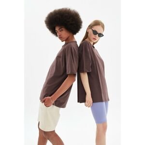 Trendyol Brown Unisex Oversize Embroidered T-Shirt