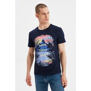 Trendyol Navy Blue Men Slim Fit Short Sleeve Slogan Printed T-Shirt