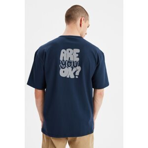 Trendyol Navy Blue Men's Oversized Short Sleeve Reflector Printed T-Shirt