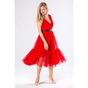Tulle midi dress with an envelope neckline and flounces