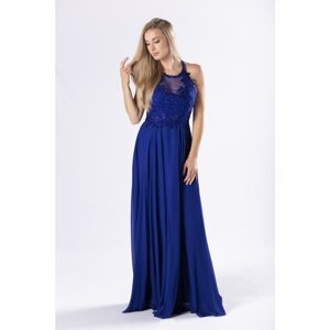 Tulle maxi dress with embroidered top with glittering rhinestones and a halter neckline