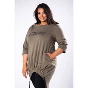 sweatshirt tunic with asymmetrical hem with suspenders, glitter print on the bust and elongated back