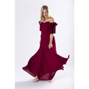 elegant maxi dress with a corset top and decorative sleeves with ruffles