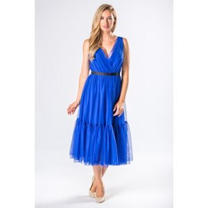 Tulle midi dress with an envelope neckline and flounces