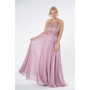 Tulle maxi dress with embroidered top with glittering rhinestones and a halter neckline