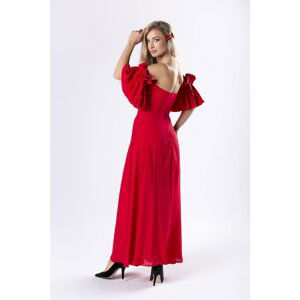 elegant maxi dress with a corset top and decorative sleeves with ruffles