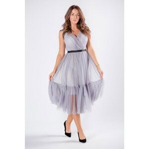 Tulle midi dress with an envelope neckline and flounces