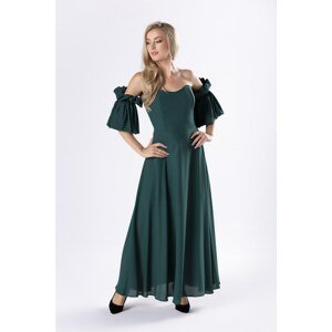 elegant maxi dress with a corset top and decorative sleeves with ruffles