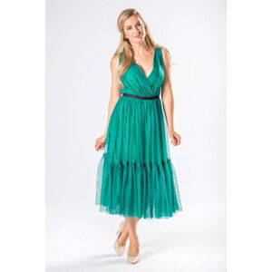 Tulle midi dress with an envelope neckline and flounces