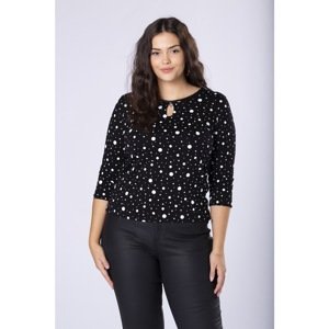 fitted polka dot blouse with a slit and shiny decoration at the neckline