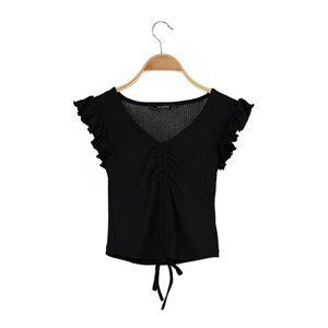 Trendyol Black Gathered and Ribbed Crop Knitted Blouse