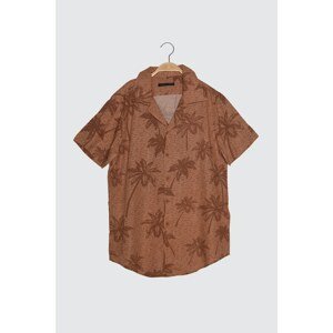 Trendyol Cinnamon Men's Regular Fit Flannel Collar Short Sleeve Tropical Printed Shirt