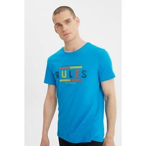 Trendyol Blue Men's Slim Fit Slogan Printed Short Sleeve T-Shirt