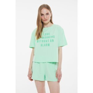 Trendyol Green Slogan Knitted Pajamas Set