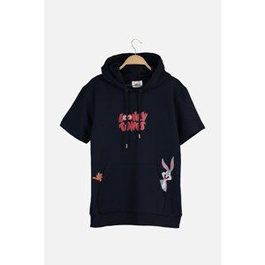 Trendyol Navy Blue Men Slim Fit Hooded Short Sleeve Looney Tunes Licensed Sweatshirt