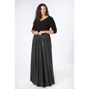 evening maxi dress with a ruffle at the waist and a shiny hem