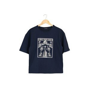 Trendyol Navy Blue Printed Loose Pattern Knitted T-Shirt