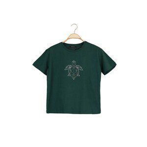 Trendyol Emerald Green Printed Semi-Fitted Knitted T-Shirt