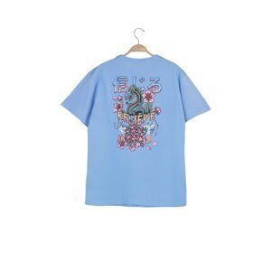 Trendyol Blue Front and Back Printed Boyfriend Knitted T-Shirt