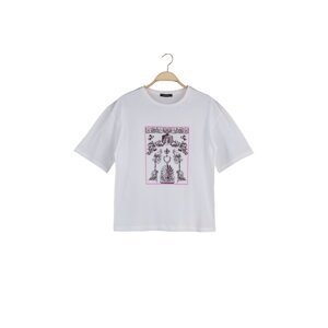 Trendyol Ecru Printed Loose Pattern Knitted T-Shirt