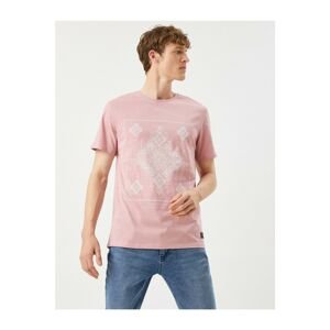 Koton Men's Pink Printed Crew Neck Cotton T-Shirt
