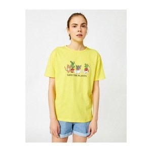 Koton Women's Yellow Printed Crew Neck Cotton T-Shirt