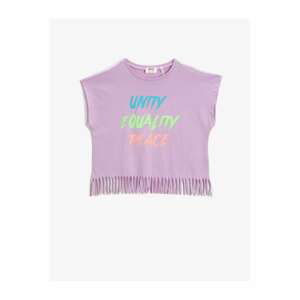 Koton Girl's Letter Printed Fringed Crew Neck Cotton T-Shirt