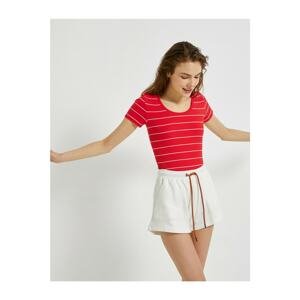 Koton Women's Red Striped Crew Neck T-Shirt