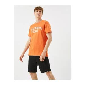 Koton Men's Orange Text Printed Crew Neck Cotton T-Shirt
